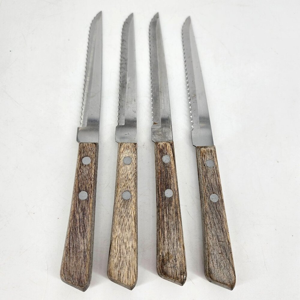 Forgecraft Steak Knives Dinner Silver Cutlery 4 Pc Stainless Steel Wood Japan 8"